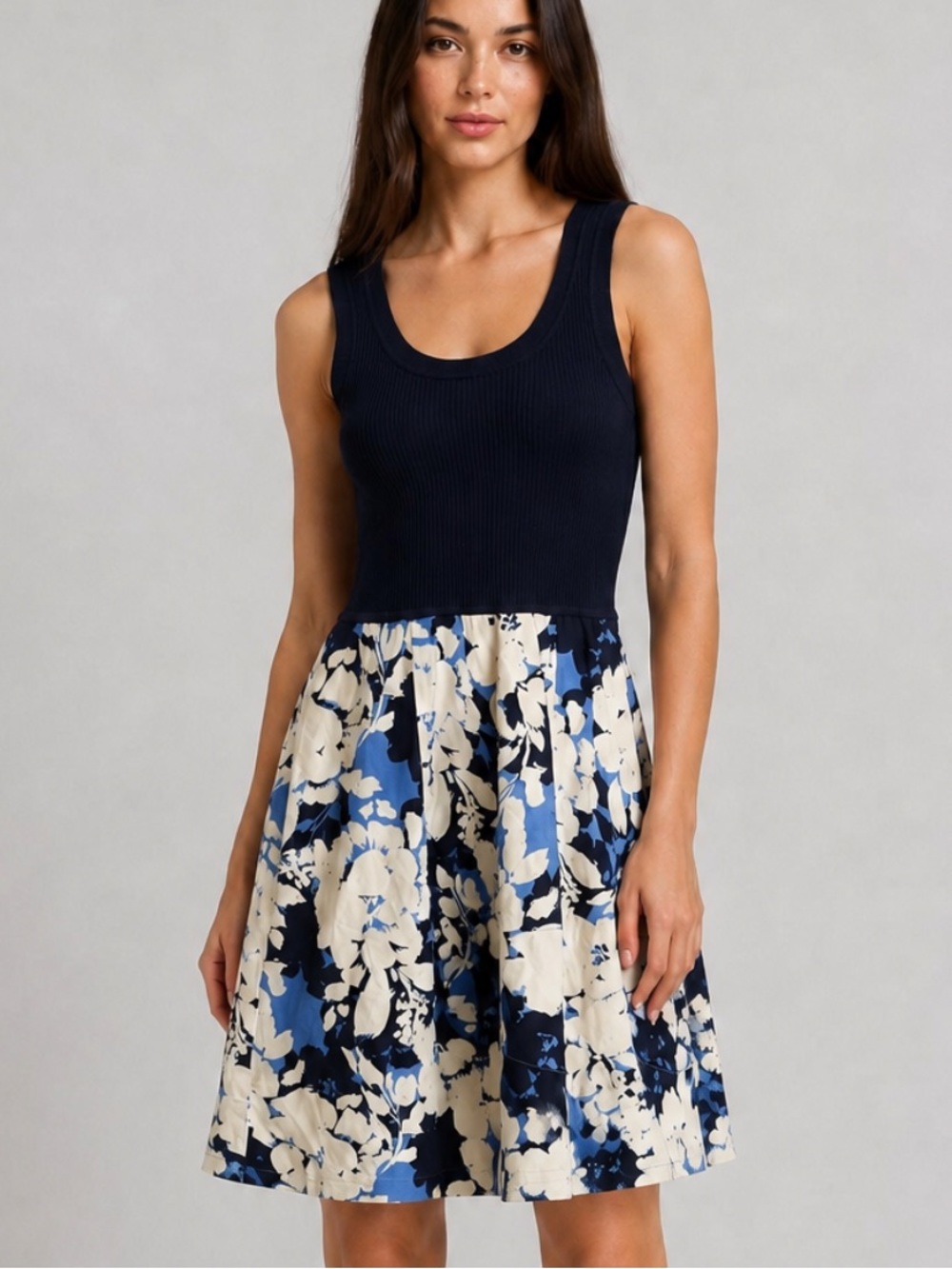 Tanya Taylor Devon Mixed Media Floral Print Dress in Navy Blue